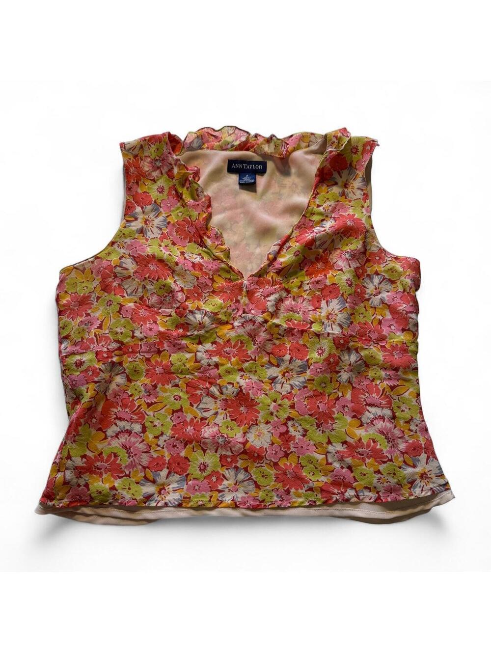 Ann Taylor Frilly Silk Floral Sleeveless Blouse Ruffled Detail